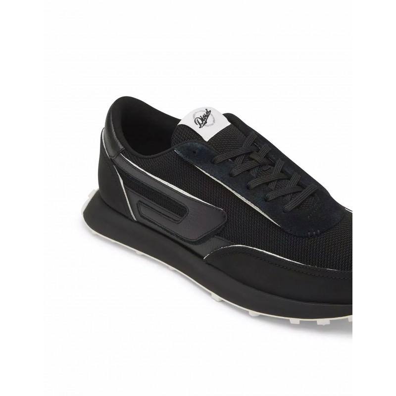 Diesel Mixed Material Sneakers With Contrast Tread-Black/White