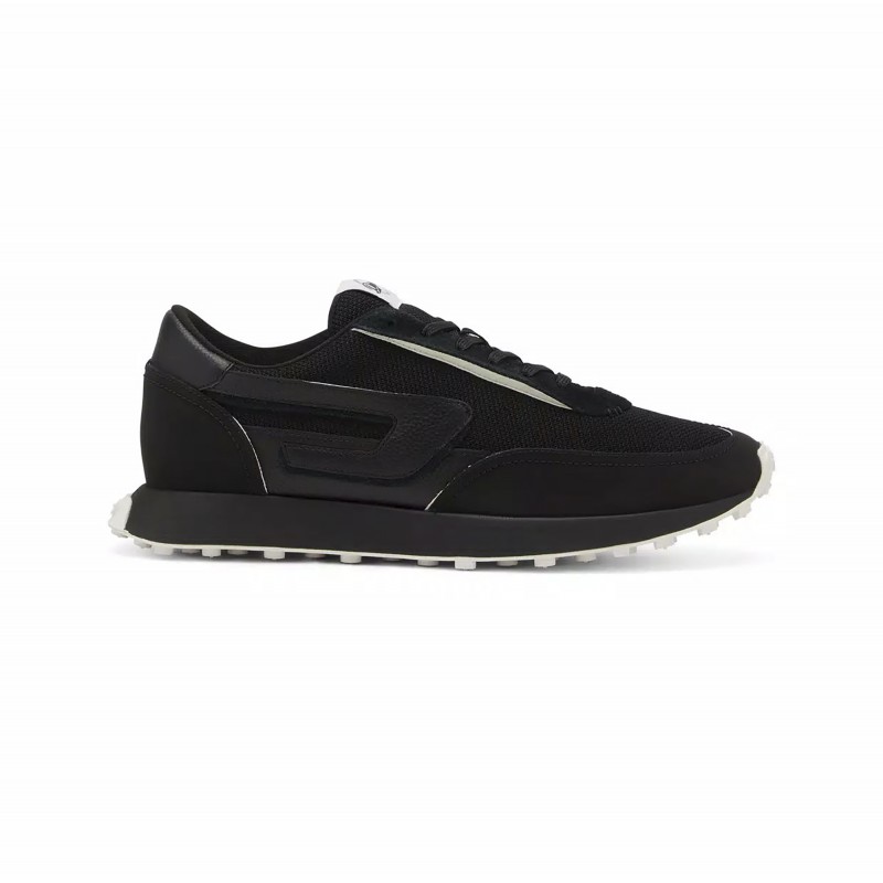 Diesel Mixed Material Sneakers With Contrast Tread-Black/White